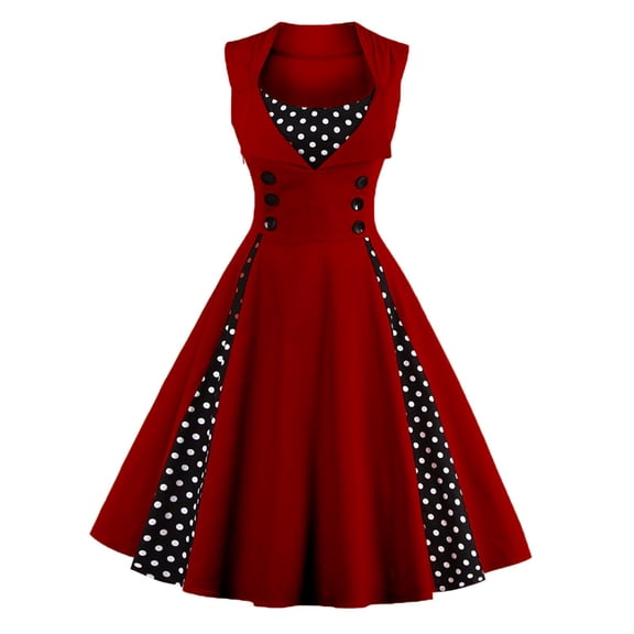 FINALGANG Women's Carnival Vintage Halter Fit Flare Dress Sleeveless Collared Polka Dot Panel Flowy Dress For Party Casual Daily Occasion Classic Dress
