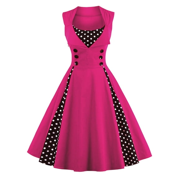 FINALGANG Women's Carnival Vintage Halter Fit Flare Dress Sleeveless Collared Polka Dot Panel Flowy Dress For Party Casual Daily Occasion Fashionable Dress