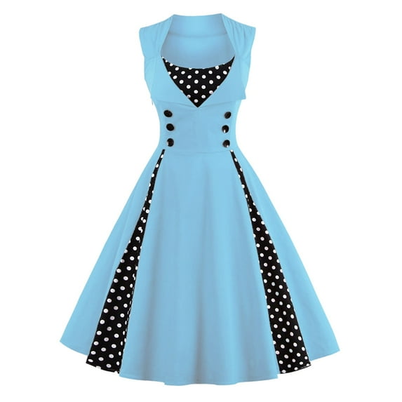 FINALGANG Women's Carnival Vintage Halter Fit Flare Dress Sleeveless Collared Polka Dot Panel Flowy Dress For Party Casual Daily Occasion Versatile Dress