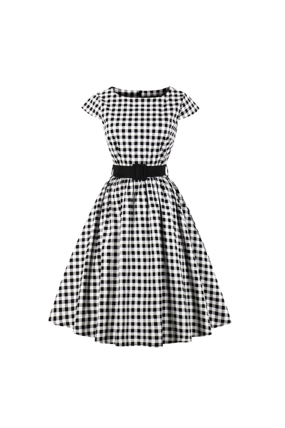 Women's Carnival Vintage Short Sleeve Plaid Pattern Flare Dress Crewneck Belted Waist Flowy Dress For Party Casual Daily Occasion Stylish Dress