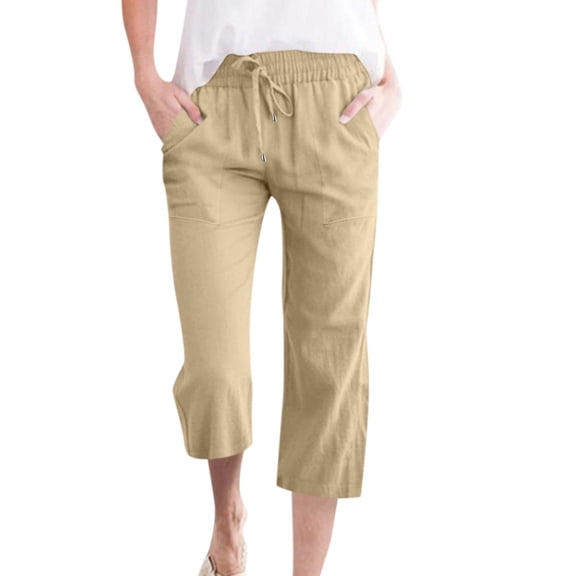 FINALGANG Women's Casual Trousers Solid Color Elastic Waisted Drawstring Relaxed Fit Capris Pants With Pockets For Daily Outdoor Activities Lightweight Pants