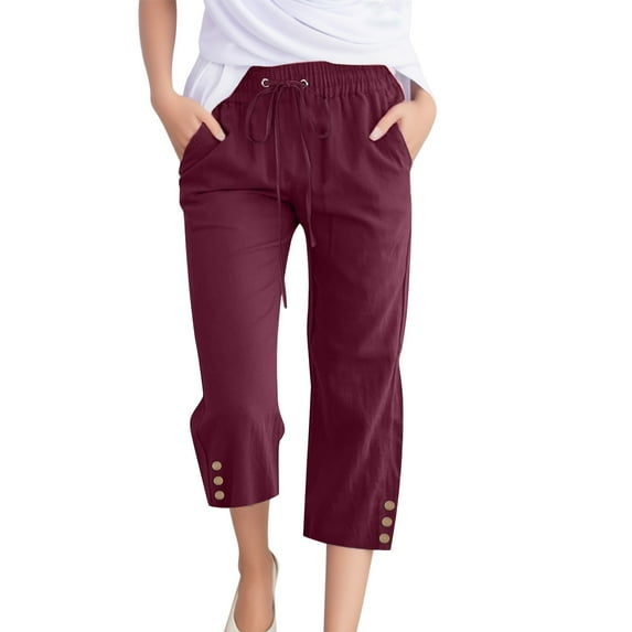 FINALGANG Women's Casual Trousers Solid Color Elastic Waisted Drawstring Relaxed Fit Capris Pants With Pockets For Daily Outdoor Activities Soft Pants
