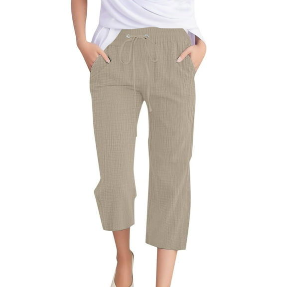 FINALGANG Women's Casual Trousers Solid Color Elastic Waisted Drawstring Relaxed Fit Capris Pants With Pockets For Daily Outdoor Activities Soft Pants