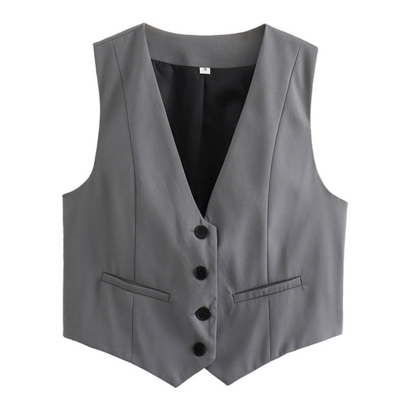 FINALGANG Women's Cropped Suit Vest Casual Solid Color Dressy Jacket Sleeveless V Neck Button Front Gilet With Pockets For Daily Outdoor Wear Classic Top