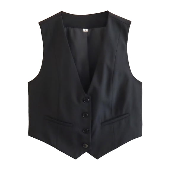 FINALGANG Women's Cropped Suit Vest Casual Solid Color Dressy Jacket Sleeveless V Neck Button Front Gilet With Pockets For Daily Outdoor Wear Leisure Top