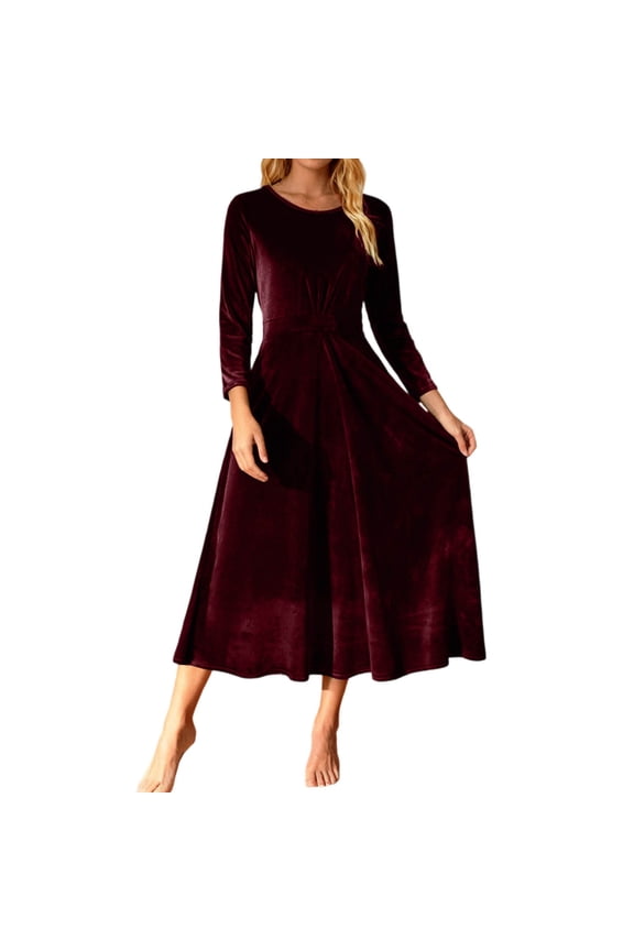 Women's Elegant Solid Color Velvet Maxi Dress Long Sleeve Crewneck Flared Skirt Ball Gown Party Prom Daily Casual Dress