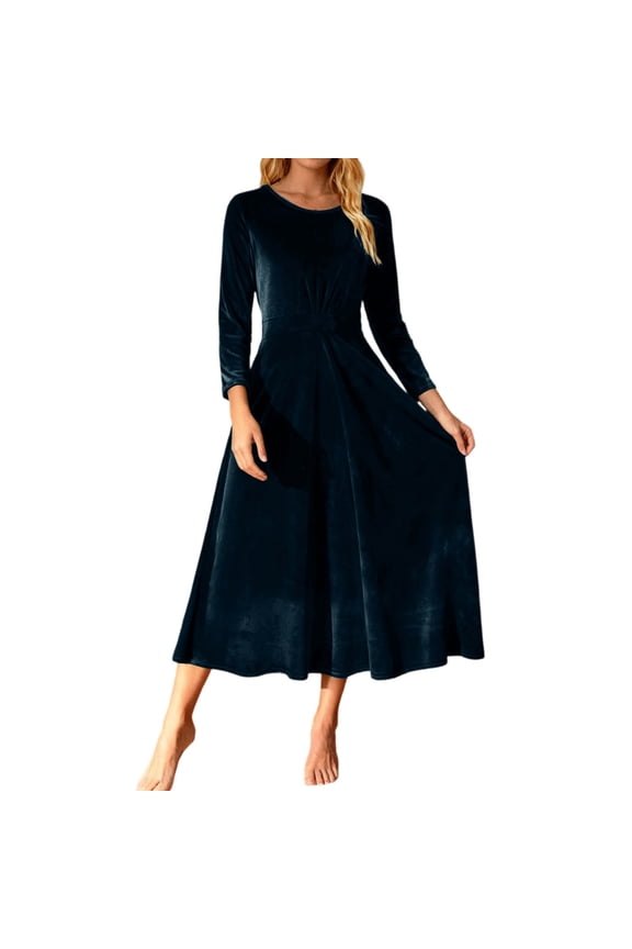 Women's Elegant Solid Color Velvet Maxi Dress Long Sleeve Crewneck Flared Skirt Ball Gown Party Prom Daily Casual Dress