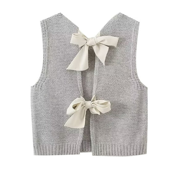 FINALGANG Women's Knit Sweater Vest Solid Color Back Bow Open Vest Sleeveless Loose Fit Cropped Cardigan For Casual Daily Wear Classic Knitwear