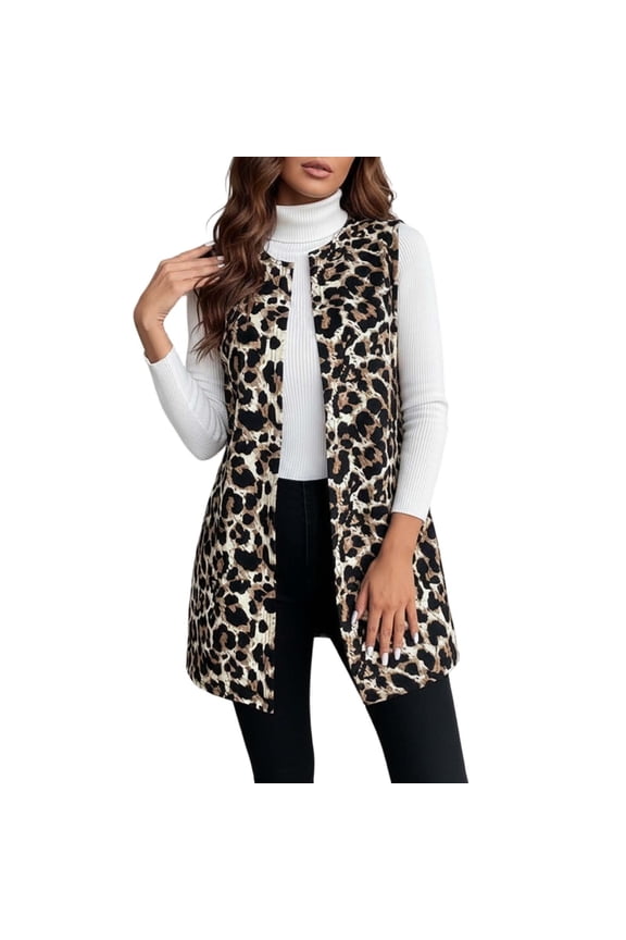 Women's Outdoor Casual Vest Leopard Prints Sleeveless Collarless Coat Warm Open Front Gilet For Daily Streetwear Cozy Top