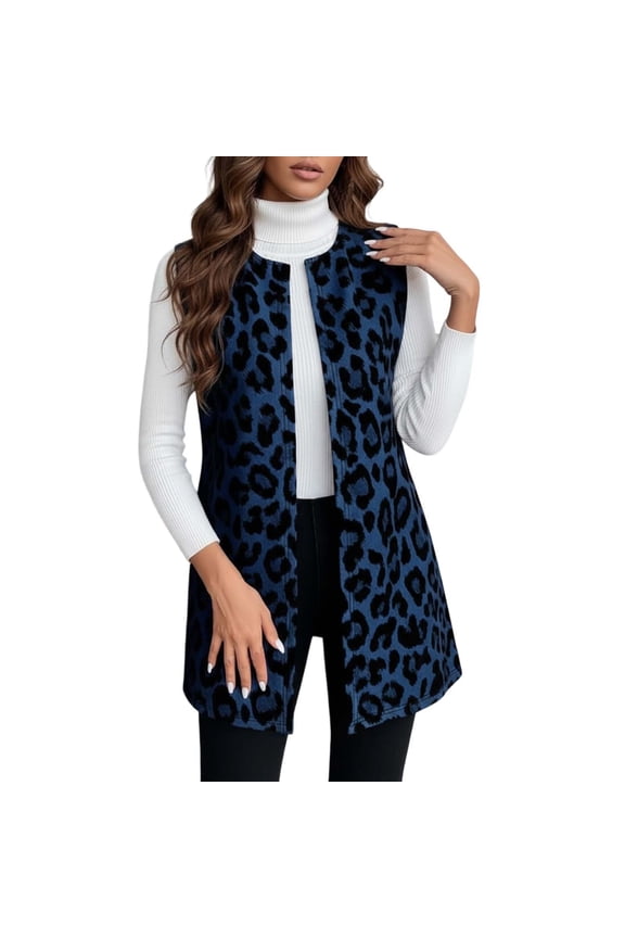 Women's Outdoor Casual Vest Leopard Prints Sleeveless Collarless Coat Warm Open Front Gilet For Daily Streetwear Leisure Top