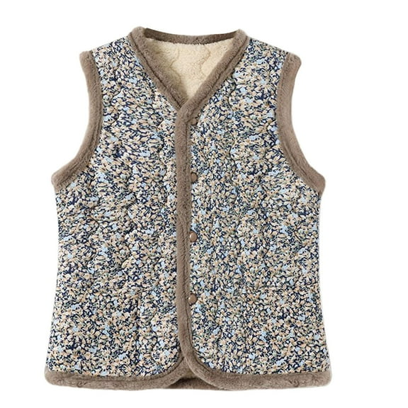 FINALGANG Women's Quilted Vest Winter Warm Plush Lined Floral Pattern Coat Sleeveless Button Front Relaxed Fit Gilet For Cold Weather Daily Wear Soft Top