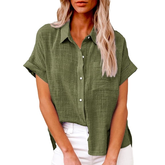 FINALGANG Women's Shirts Lightweight Solid Color Linen Shirts Short Sleeve Lapel Button Front Loose Fit Blouse For Summer Casual Daily Wear Cozy Tops
