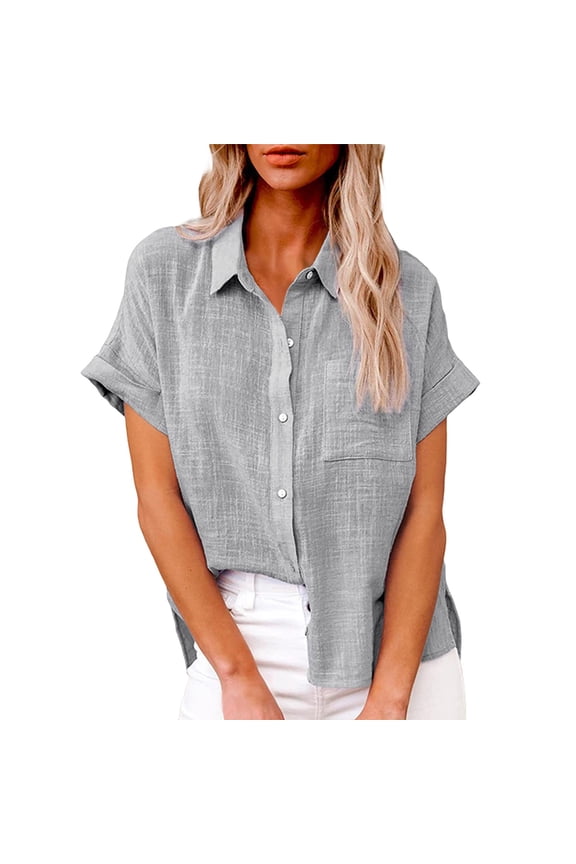 Women's Shirts Lightweight Solid Color Linen Shirts Short Sleeve Lapel Button Front Loose Fit Blouse For Summer Casual Daily Wear Stylish Tops