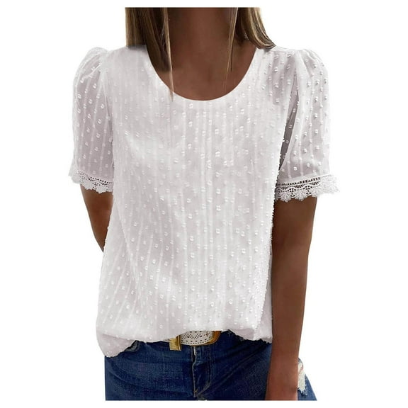 FINALGANG Women's Shirts Solid Color Short Sleeve Blouse Textured Crewneck Puff Sleeve Lace Trim Loose Fit Shirts For Casual Daily Office Wear Fashionable Tops