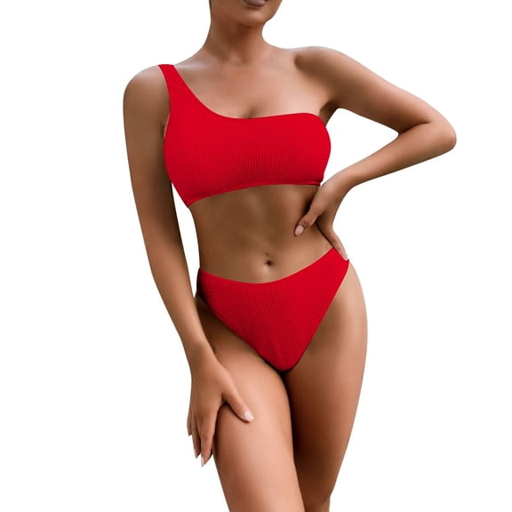 FINALGANG Women's Solid Color 2 Piece Swimsuit Set One Shoulder High Waist Triangle Stretchy Slim Fit Bathing Suit For Beach Water Activities Cozy Swimwear