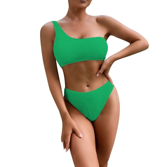 FINALGANG Women's Solid Color 2 Piece Swimsuit Set One Shoulder High Waist Triangle Stretchy Slim Fit Bathing Suit For Beach Water Activities Stylish Swimwear