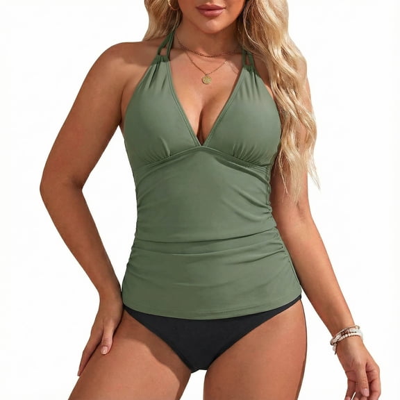 FINALGANG Women's Solid Color 2 Piece Takini Set Halter V Neck High Waist Stretchy Triangle Bathing Suit For Summer Swimming Activities Stylish Swimwear