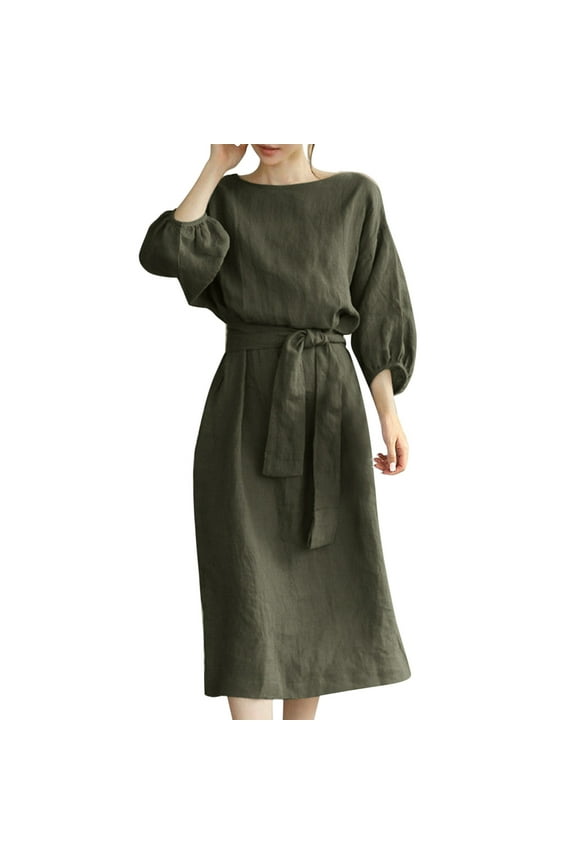 Women's Solid Color Long Sleeve Midi Dress Boat Neck Puff Sleeve Belted Waist Loose Fit Dress Office Casual Daily Dress