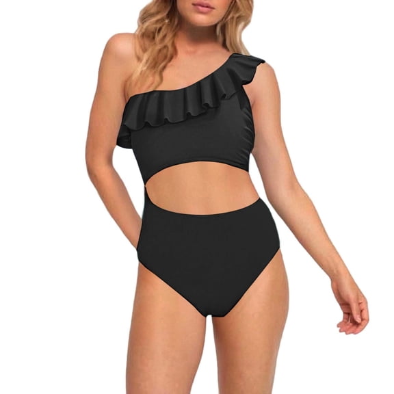 FINALGANG Women's Solid Color One Shoulder Swimsuit Set Ruffled Trim High Waist Triangle Stretchy 2 Piece Bathing Suit For Beach Water Activities Classic Swimwear