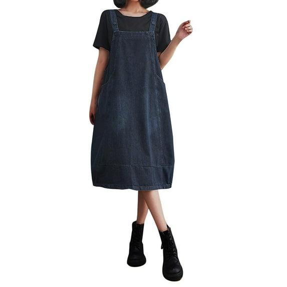 FINALGANG Women's Solid Color Oversized Denim Dress Loose Fit Sleeveless Overall Dress Summer Casaul Daily Dress