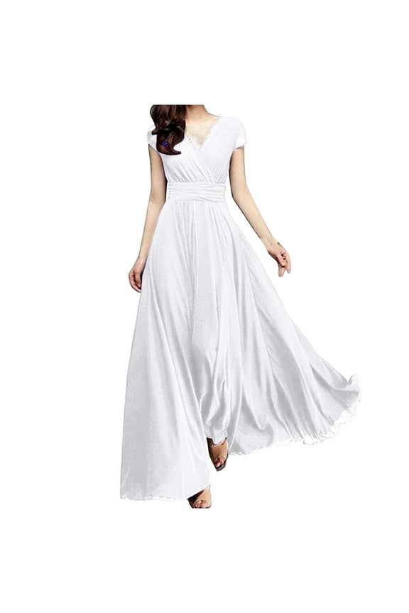 Women's Solid Color Short Sleeve Maxi Dress V Neck Ruched Waist Flowy Skirt Slim Fit Dress Casual Daily Wear Party Wear