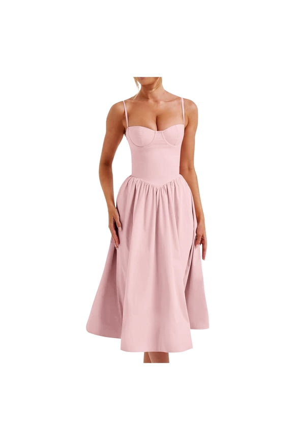 Women's Solid Color Spaghetti Strap Midi Dress Sweetheart Neck Flared Skirt Regular Fit Dress Summer Casual Daily Date Dress