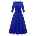 thumbnail image 1 of FINALGANG Women's Solid Color Three Quarter Sleeve Midi Dress Crewneck Belted Waist Flared Skirt Slim Fit Dress Formal Party Casual Daily Dress, 1 of 1