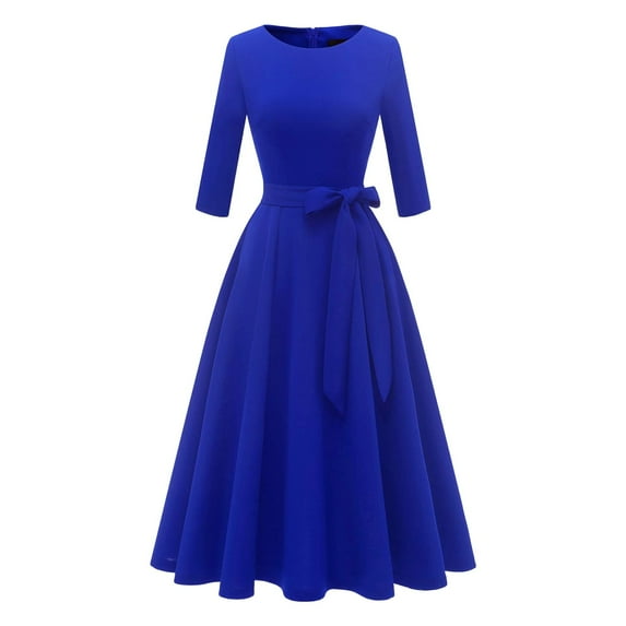 FINALGANG Women's Solid Color Three Quarter Sleeve Midi Dress Crewneck Belted Waist Flared Skirt Slim Fit Dress Formal Party Casual Daily Dress