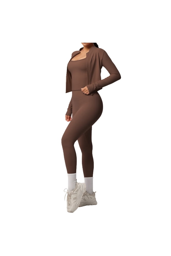 Women's Tracksuit Solid Color 3 Piece Sport Set Long Sleeve Jacket Leggings With Tank Top For Casual Outdoor Activities Versatile Set