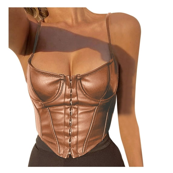 FINALGANG Womens Camisole Metallic Solid Color Leather Sleeveless Bustier Top Spaghetti Straps Slim Fit Casual Corset For Party Going Out Wear Cozy Top