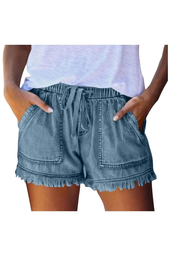 Womens Chambray Ruffle Hem Shorts With Drawstring Elastic Waist Patch Pockets For Summer Beach Vacations Casual Daily Wear Blue S