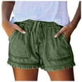 thumbnail image 1 of FINALGANG Womens Chambray Ruffle Hem Shorts With Drawstring Elastic Waist Patch Pockets For Summer Beach Vacations Casual Daily Wear Green S, 1 of 6