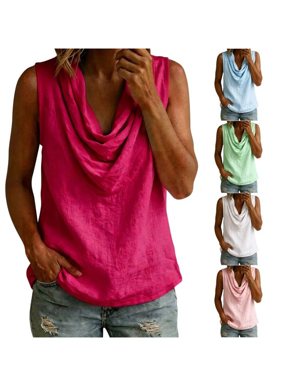 Womens Cowl Draped Collar Solid Color Sleeveless Tank Top Loose Breathable Vacation Daily Casual Blouse For Ladies Stylish Top Red XXXL