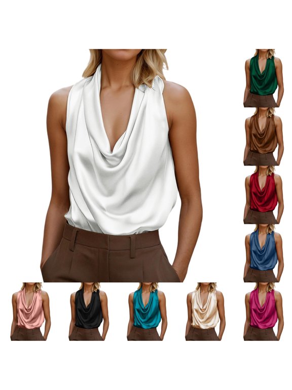 Womens Cowl Draped Neck Sleeveless Solid Loose Fit Tank Tops Summer Elegant Office Daily Party Beach Casual Layering Camisole Shirts For Ladies Classic Top S
