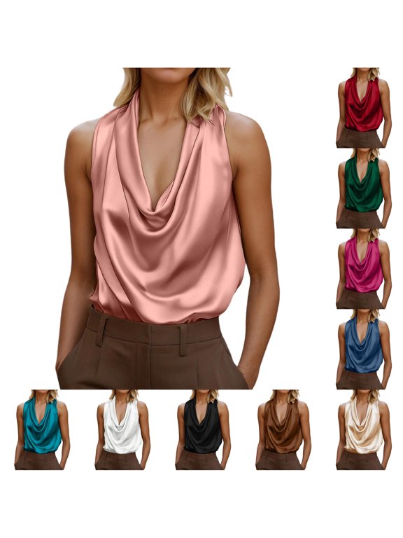 Womens Cowl Draped Neck Sleeveless Solid Loose Fit Tank Tops Summer Elegant Office Daily Party Beach Casual Layering Camisole Shirts For Ladies Trendy Top XXL