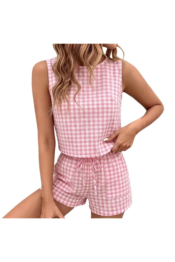 Womens Crew Neck Sleeveless Gingham Two Piece Outfit Plaid Tank Top Drawstring Waist Shorts Casual Matching Set For Summer Daily Wear Soft Set