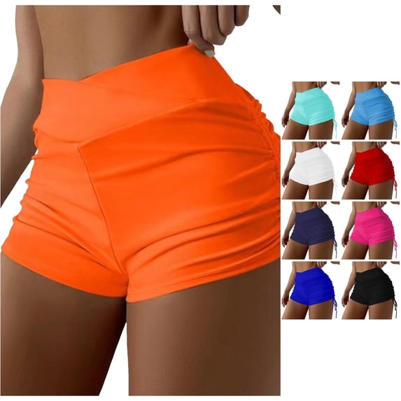 FINALGANG Womens Cross Wrap High Waist Solid Color Side Drawstring Ruched Swim Shorts Slim Stretch Swim Shorts For Beach Surfing Water Sports Leisure Swimwear L