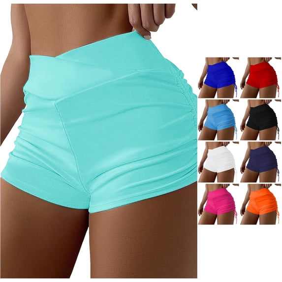 FINALGANG Womens Cross Wrap High Waist Solid Color Side Drawstring Ruched Swim Shorts Slim Stretch Swim Shorts For Beach Surfing Water Sports Trendy Swimwear XXL