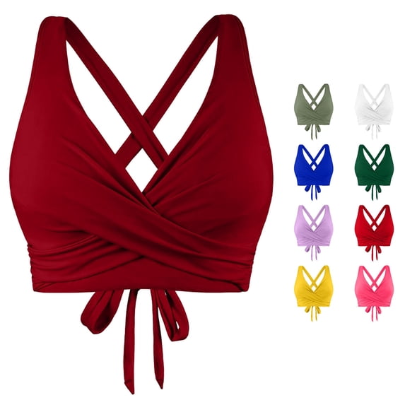 FINALGANG Womens Deep V Cross Back Solid Color Front Wrap Ruched Bikini Top Adjustable Tie Back Swim Top Minimal Basic Swim Tops For Beach Pool Vacation Classic Swimwear XL