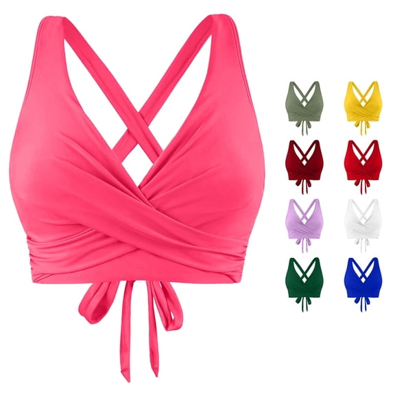 FINALGANG Womens Deep V Cross Back Solid Color Front Wrap Ruched Bikini Top Adjustable Tie Back Swim Top Minimal Basic Swim Tops For Beach Pool Vacation Versatile Swimwear L