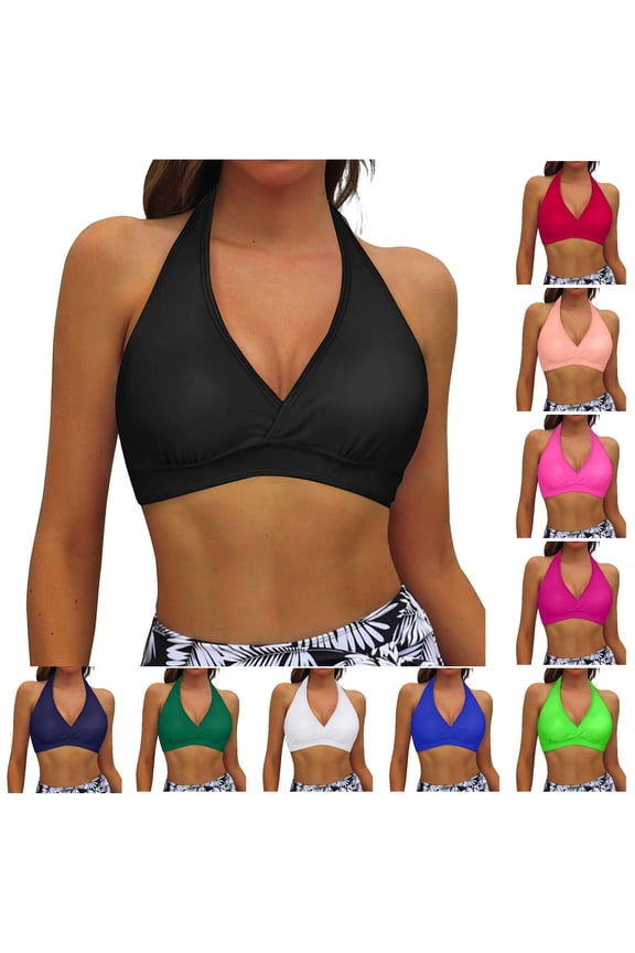 Womens Deep V Halter Solid Color Front Wrap Ruched Padded Bikini Top Soft Support Swim Top Simple Basic Swim Tops For Seaside Summer Travel Classic Swimwear XXL