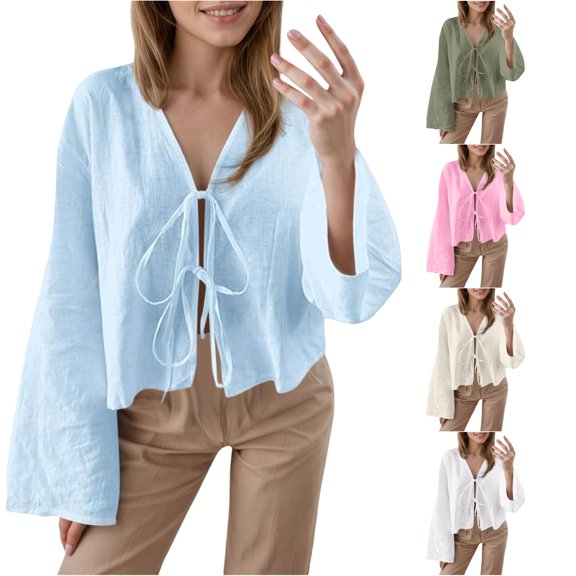 FINALGANG Womens Deep V Neck Bell Long Sleeve Solid Color Front Tie Knot Cropped Blouse For Ladies Daily Summer Vacation Casual Date Outdoor Outings Light Blue L