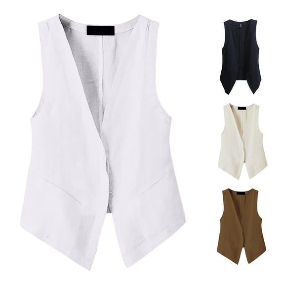 FINALGANG Womens Deep V Neck Linen Sleeveless Button Front Pocket Solid Slim Vest Tops Summer Office Daily Beach Casual Layering Waistcoat For Ladies Comfort Top XXL