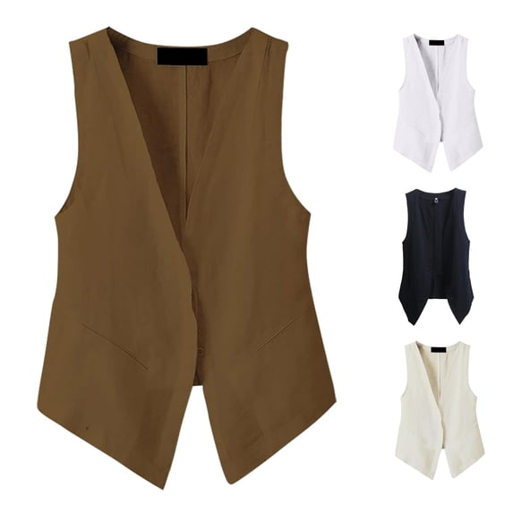FINALGANG Womens Deep V Neck Linen Sleeveless Button Front Pocket Solid Slim Vest Tops Summer Office Daily Beach Casual Layering Waistcoat For Ladies Stylish Top L