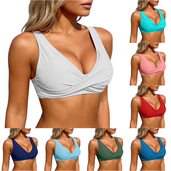 FINALGANG Womens Deep V Neck Solid Color Twist Front Wide Strap Bikini Top Padded Basic Swim Top Summer Swimwear For Poolside Beach Activities Classic Swimwear XL