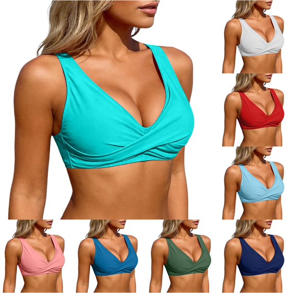 FINALGANG Womens Deep V Neck Solid Color Twist Front Wide Strap Bikini Top Padded Basic Swim Top Summer Swimwear For Poolside Beach Activities Versatile Swimwear L