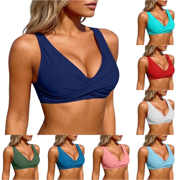 FINALGANG Womens Deep V Neck Solid Color Twist Front Wide Strap Bikini Top Padded Basic Swim Top Summer Swimwear For Poolside Beach Activities Versatile Swimwear XXL
