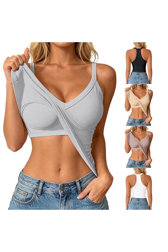 Womens Deep V Neck Thin Spaghetti Strap Ribbed Wrap Front Built In Padded Solid Cropped Cami Tops Summer Daily Street Layering Shirts For Ladies Fashion Top L