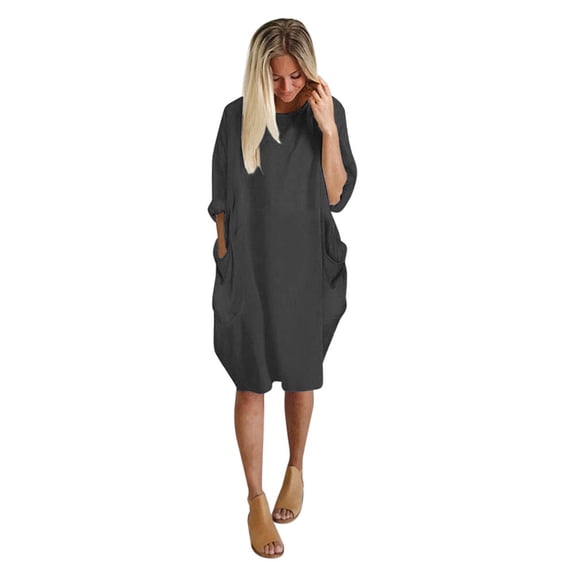 FINALGANG Womens Dress Lightweight Solid Color Half Sleeve Crewneck Midi Dress With Side Pockets Loose Fit Casual Linen Dress For Daily Going Out Wear