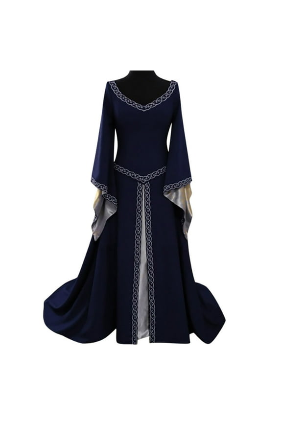 Womens Dress Long Sleeve V Neck Maxi Dress With Embroidered Trim Bell Sleeves Gown For Party Formal Events